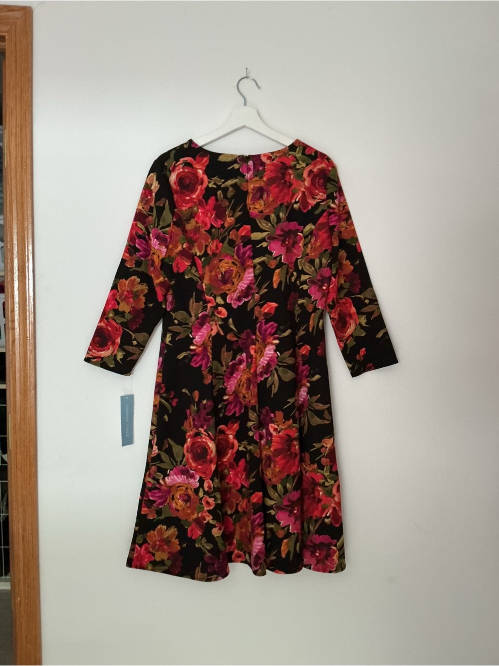 London Times Black Floral 3/4-Sleeve A-Line Dress with Pink and Red-Orange Roses - Picture 11 of 11